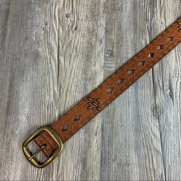 Brown Tooled Punched Leather Belt Gold Tone Metal Hardware and Stud Embellished - Picture 9 of 10